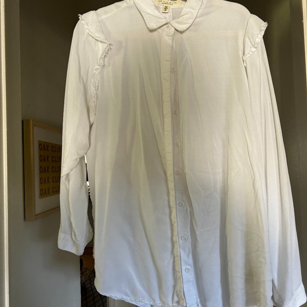 Anthropologie Cloth & Stone Ruffle Trim White Button Down Long Sleeve Shirt - 1X